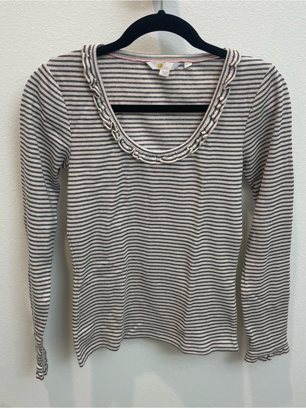 Boden Sparkle Grey and White Striped Scoop Ruffle Neck Long-Sleeve Top